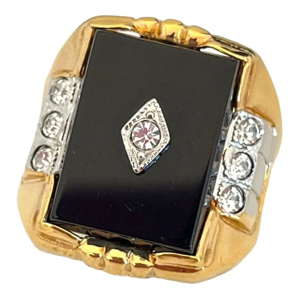 Vintage 1960s Uncas Black Onyx Ring Size 7  14K Gold Plate Art Deco Revival - 5J